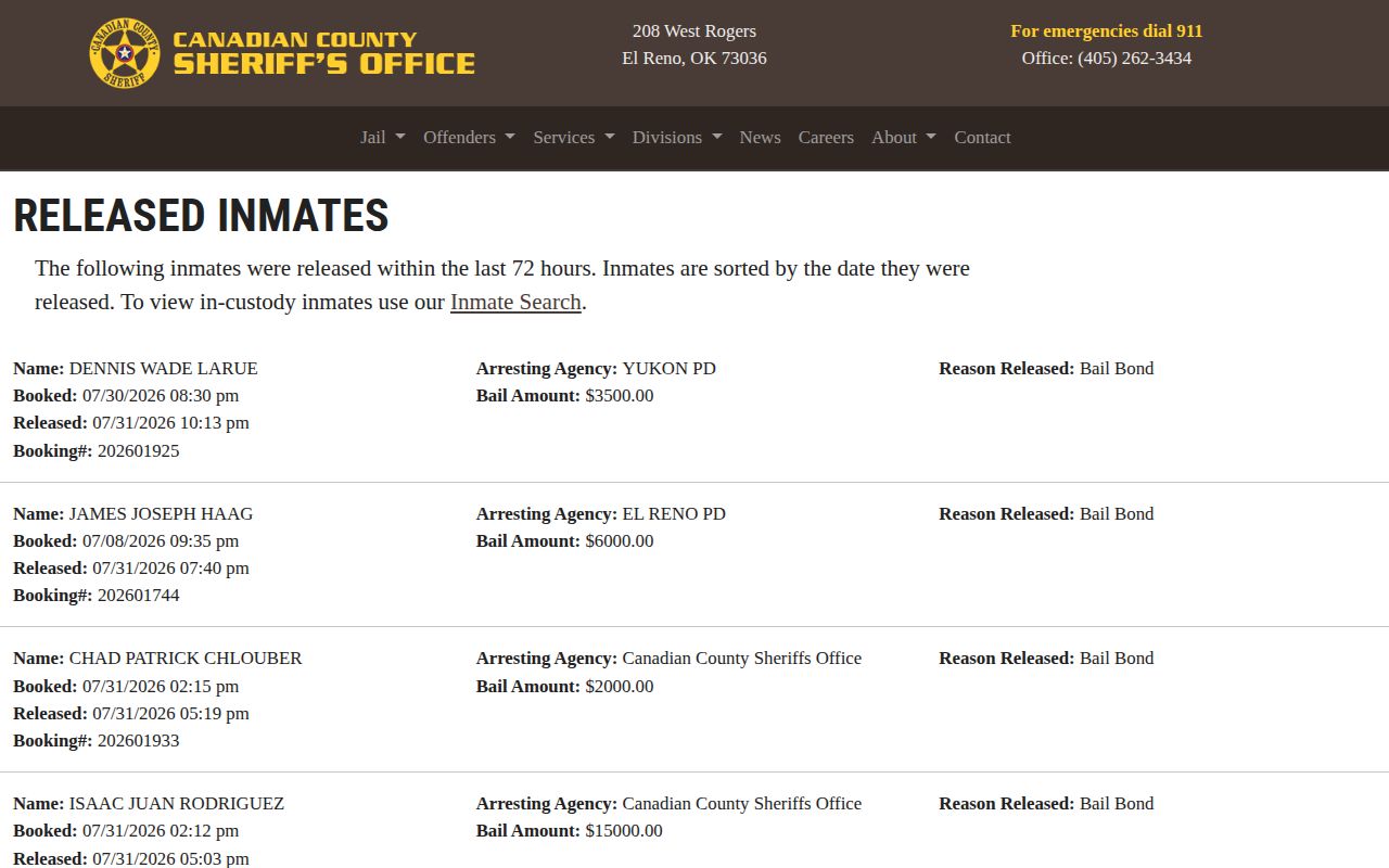 Canadian County released inmate record fields on the official 72-hour list