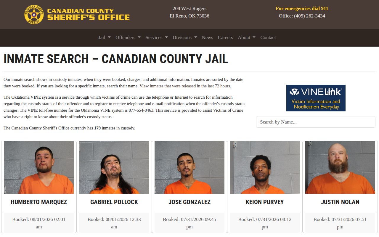 Canadian County current jail roster mugshot area distinguished from released inmate photos