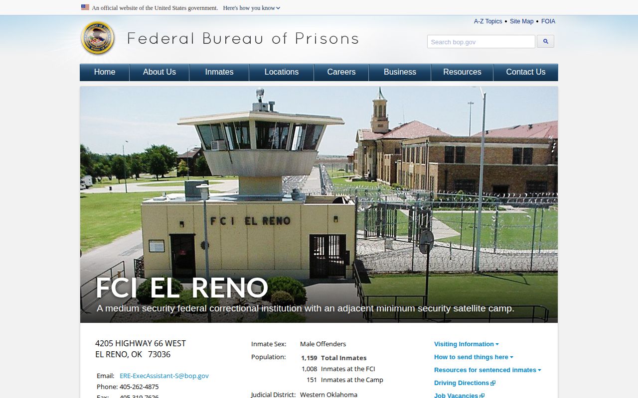 Federal Correctional Institution El Reno release contact page