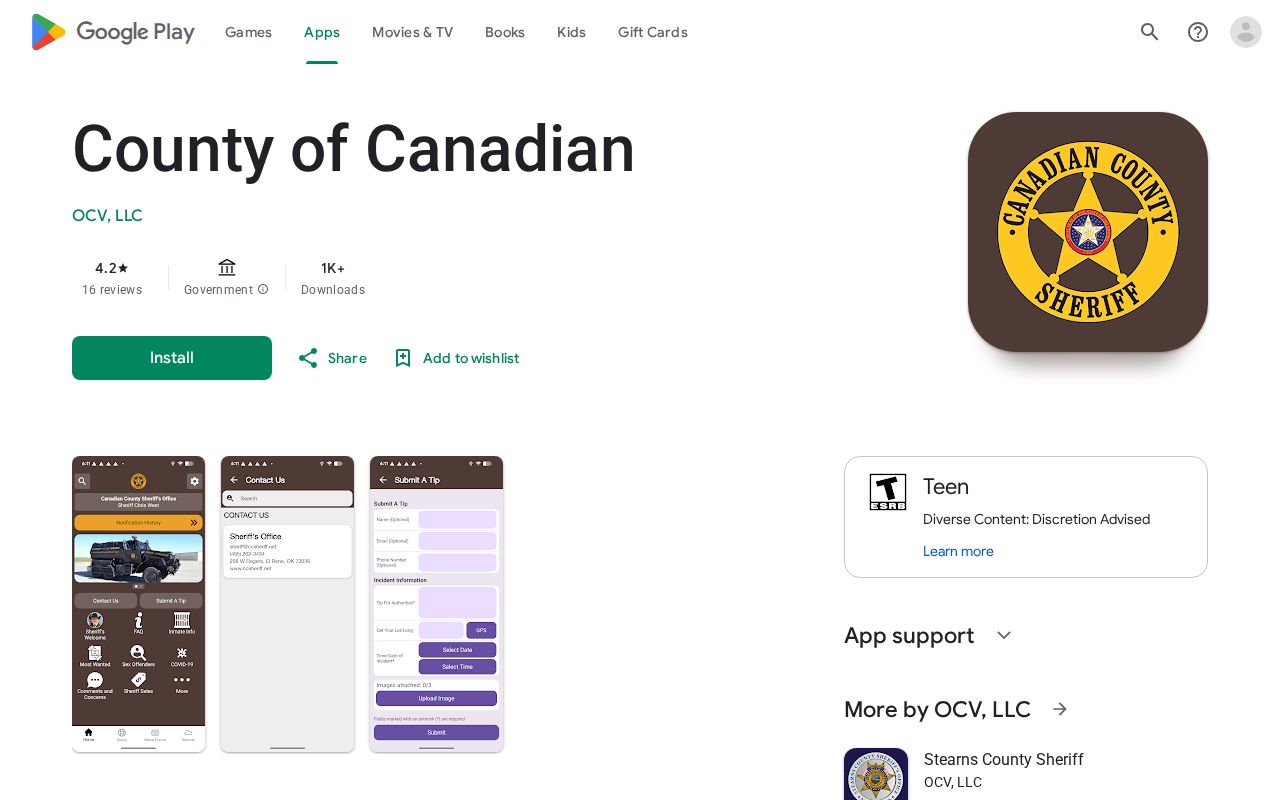 Canadian County Sheriff app listing checked for 24-hour release features