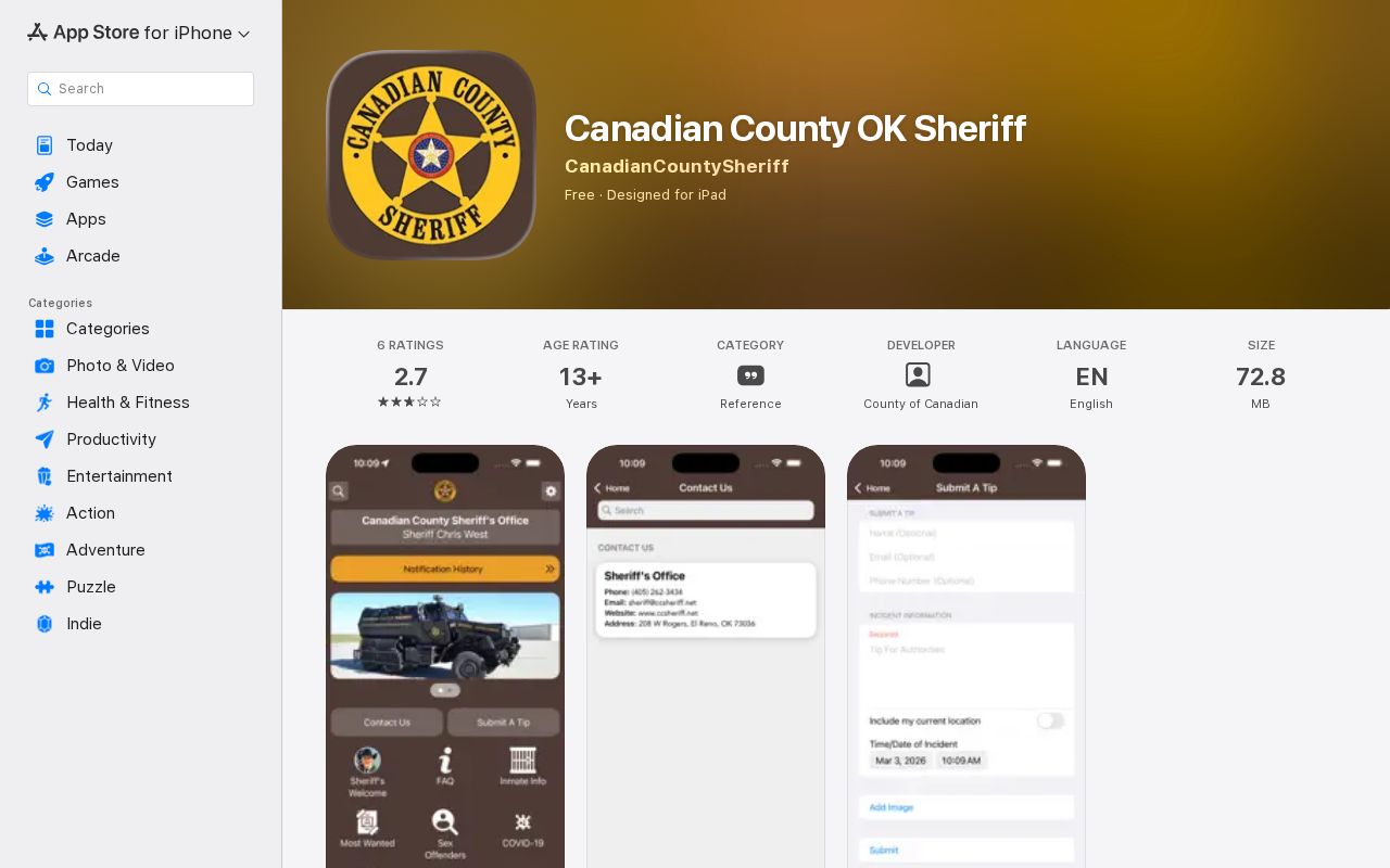 Official Canadian County Sheriff app listing checked for released inmate mugshot access