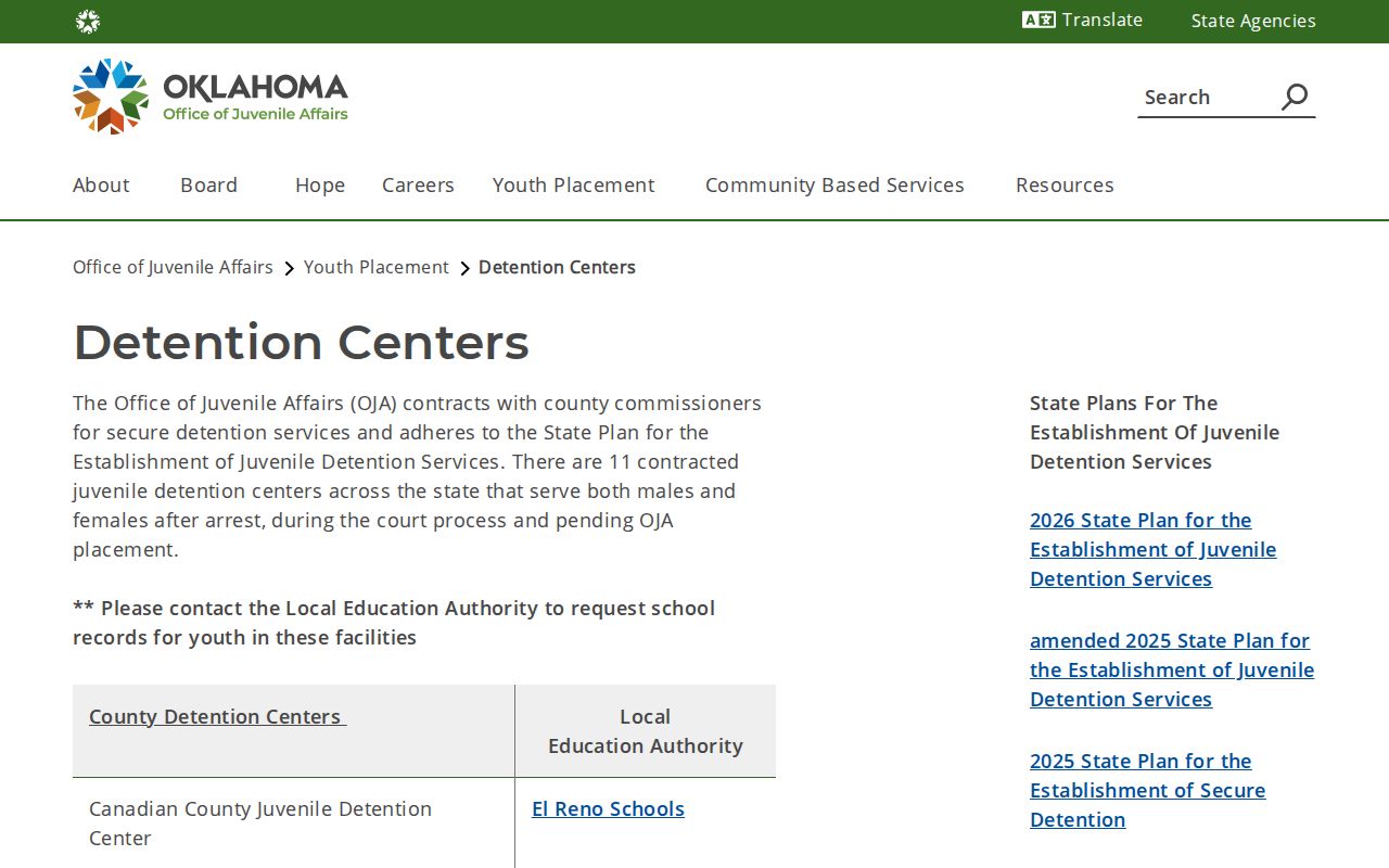 Canadian County Juvenile Detention Center listing without public release records