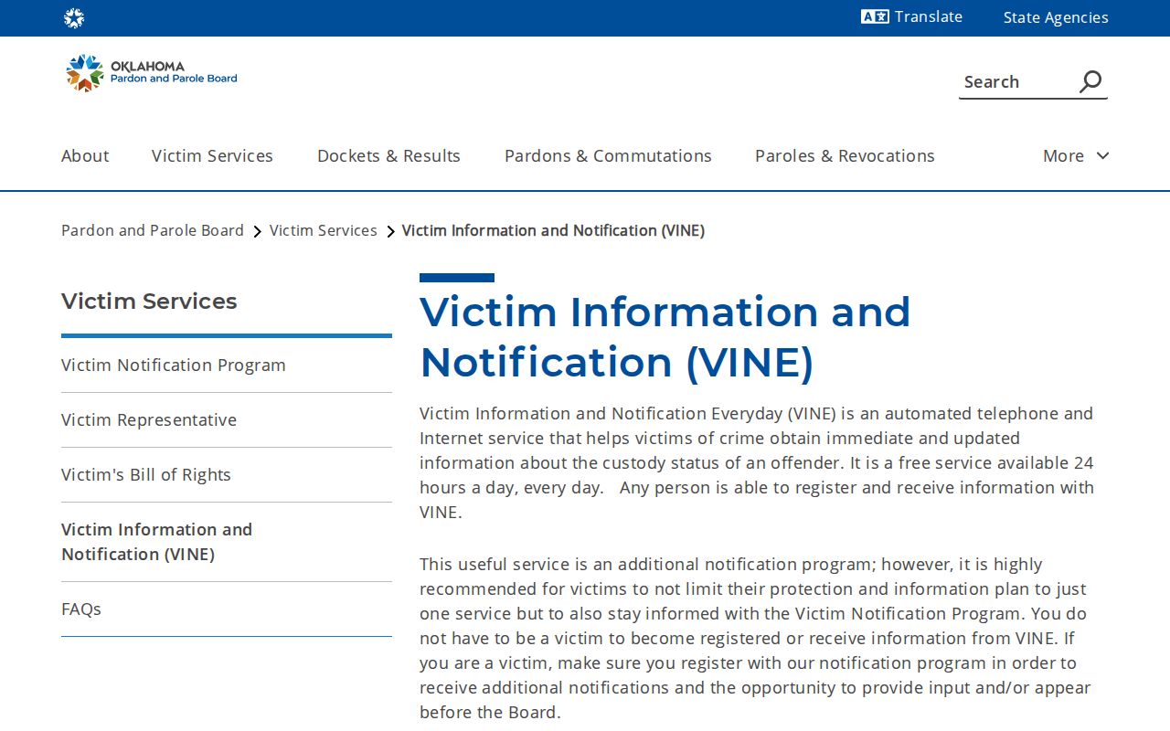 Canadian County parole notification distinction on the Oklahoma PPB VINE page